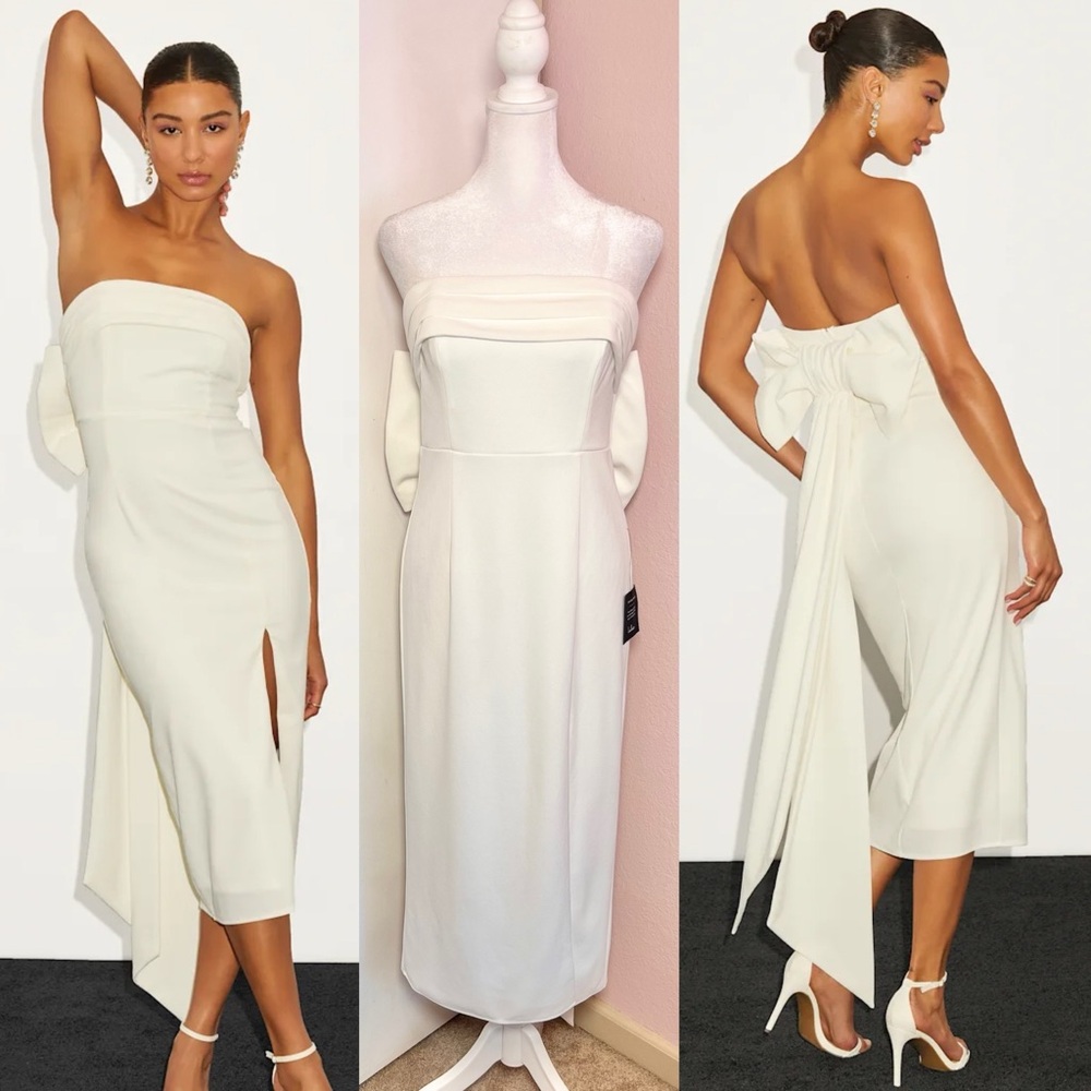 Lulus Fabulous Phenomenon White Strapless Bow Midi Dress